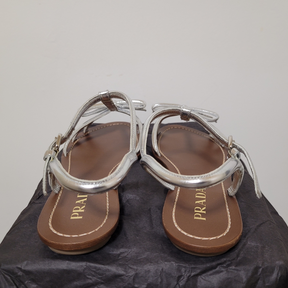 New Prada Leather Bow Logo Silver Sandals - Picture 7 of 11